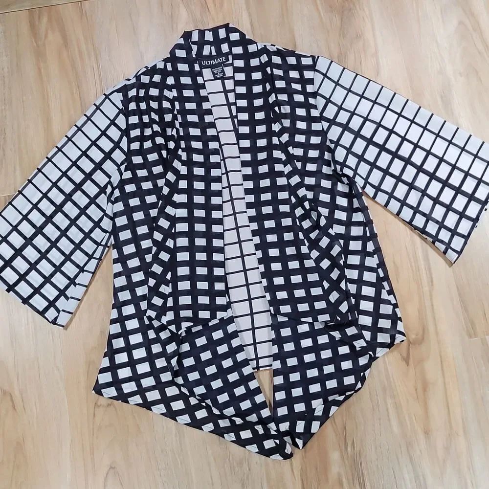 💜Kaktus Ultimate Blue & White Checkered Wide Sleeve Kimono Medium